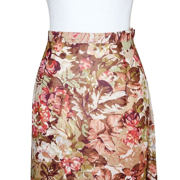 Coldwater Creek Chiffon Godet Midi Skirt Brown Tan Pink Floral Print Women's S - Picture 2 of 11